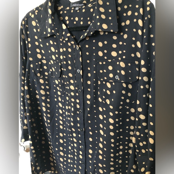 L Black & Tan Polkadot Button Down Blouse - Picture 4 of 12